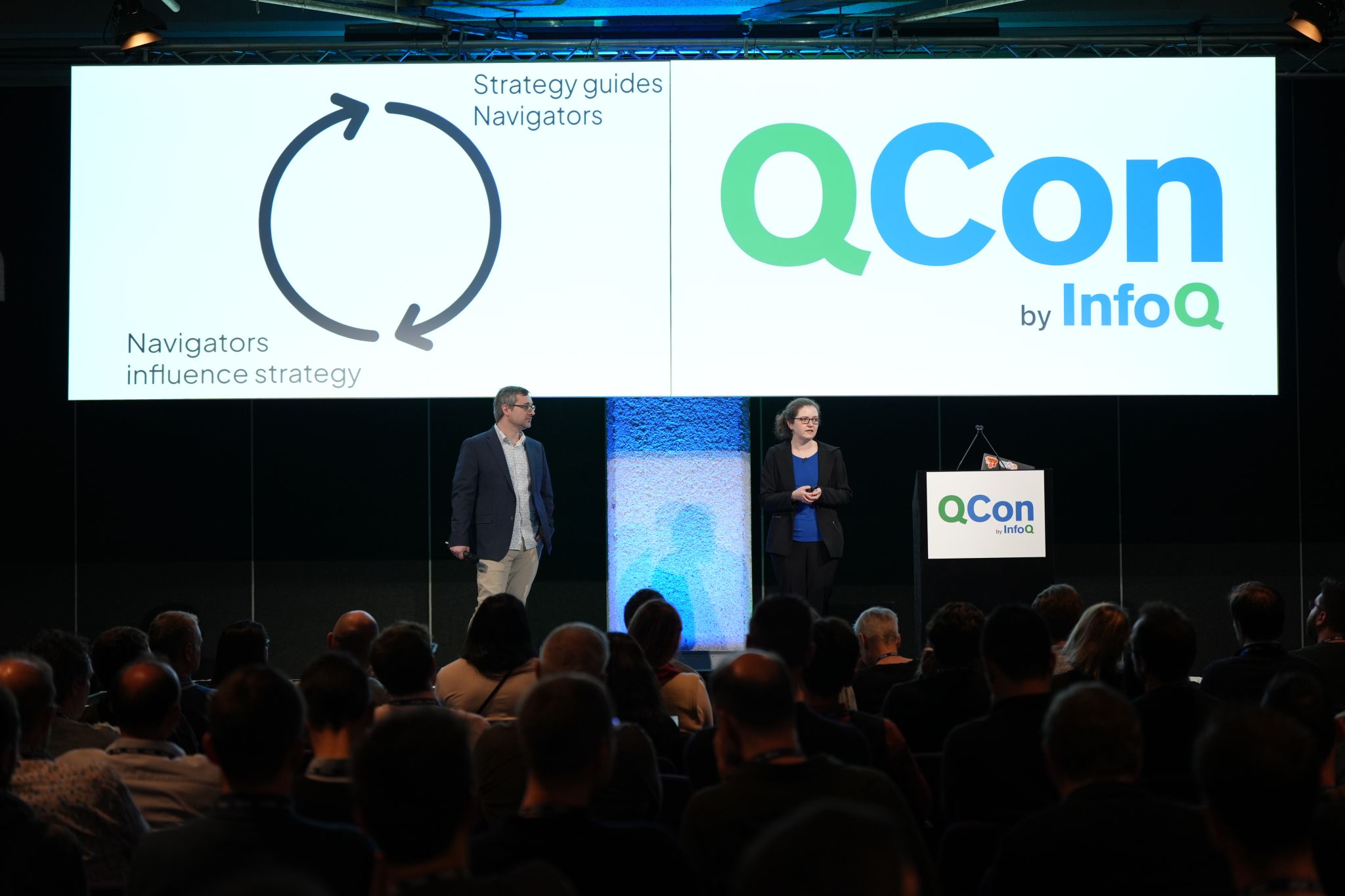 Dan Fike and Shawna Martell on stage at QCon London